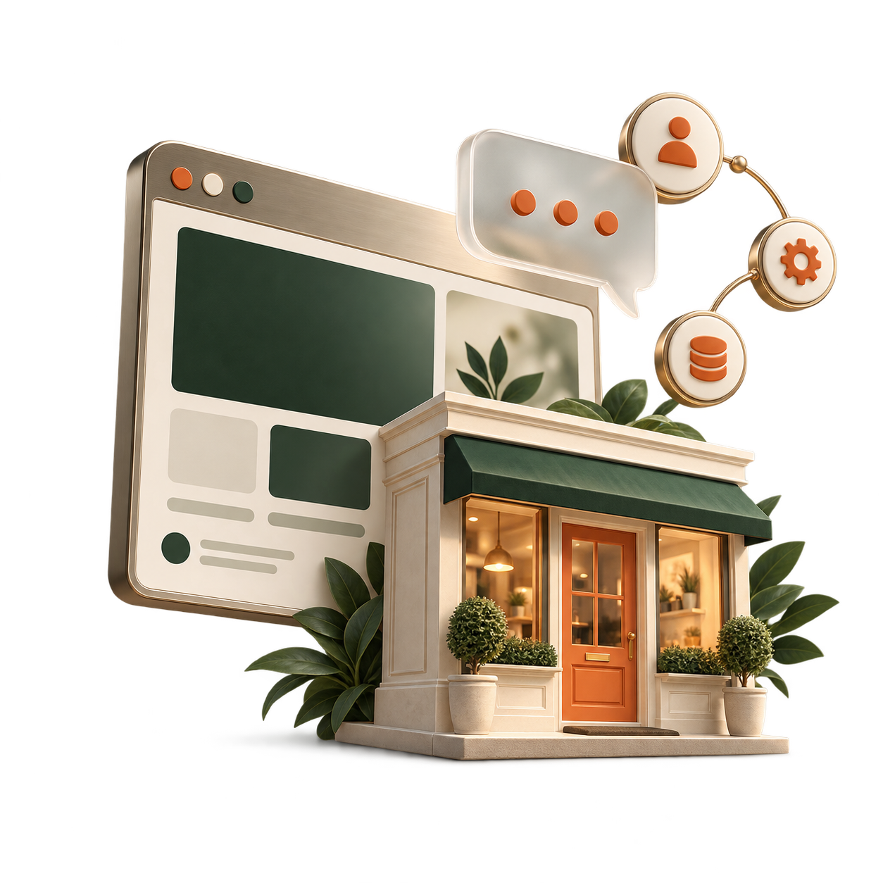 3D storefront merging with a browser window, surrounded by AI and data icons